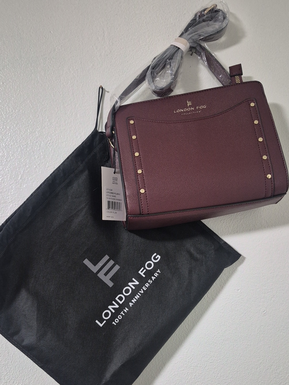London Fog Taylor Studded Crossbody Bag in Plum/ Gold Accents 100th Anniversary